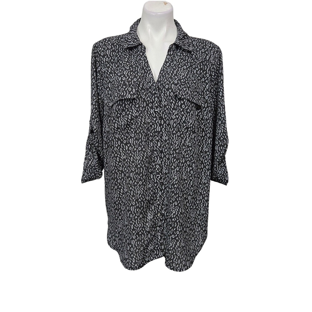 Torrid Women 2 Black White Geometric Ikat Button Down Tab Sleeve Blouse 12261768